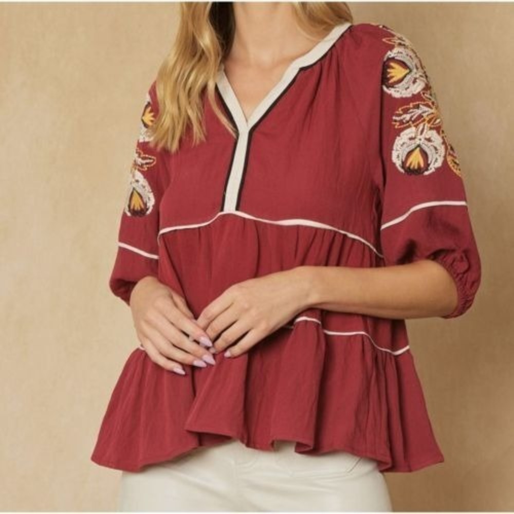 Entro Tunic Womens‎ Small Merlot Embroidered Tiered Peplum V-Neck Blouse Peasant
